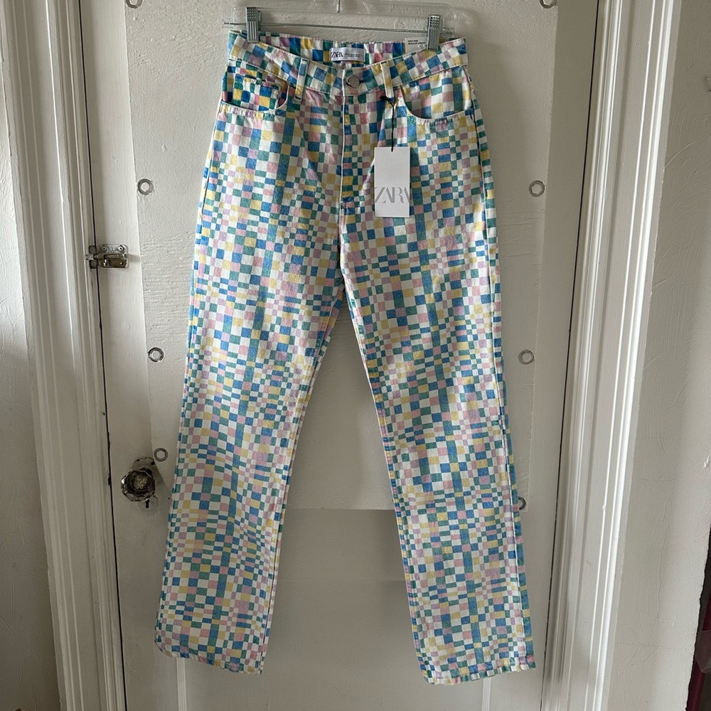 Zara checker print straight fit high rise jeans NWT